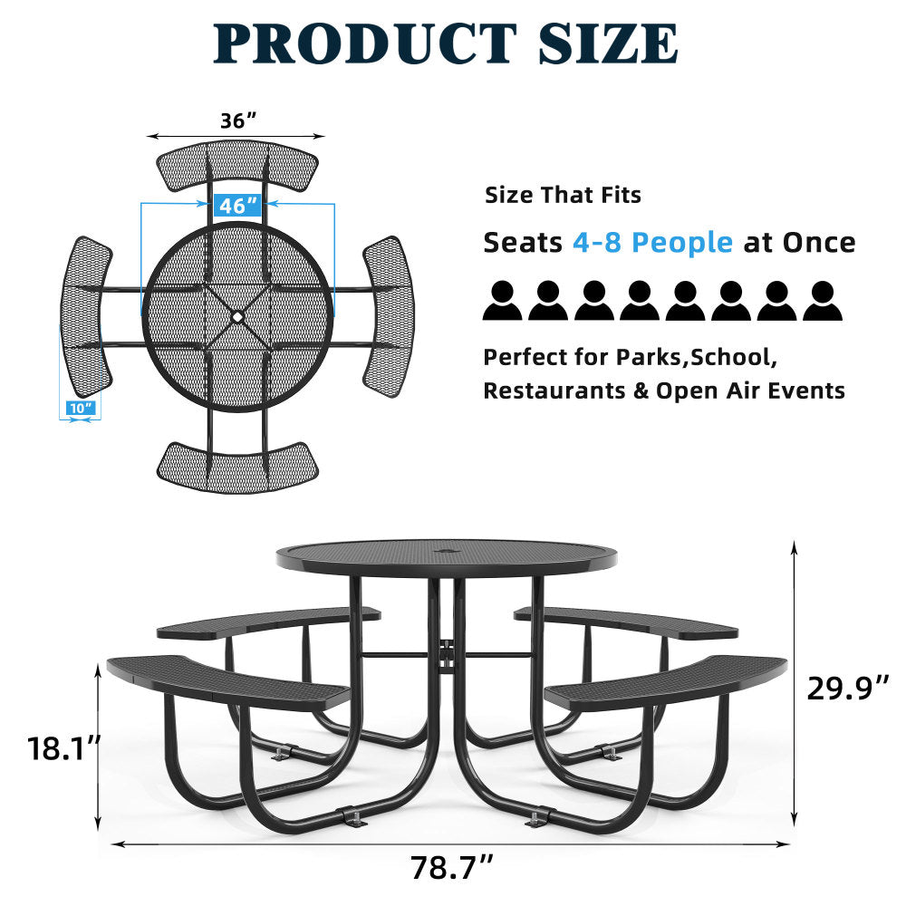 Round Outdoor Steel Picnic Table 46" with umbrella pole,Black
