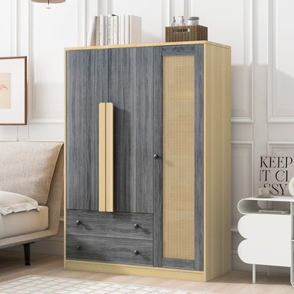 2-Doors Wooden Wardrobe Storage for Bedroom, with Shelves and 3 Drawers, Gray