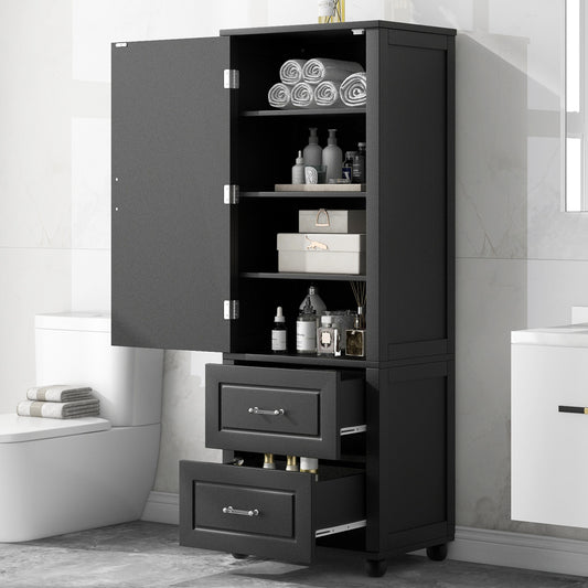 Tall Bathroom Storage Cabinet, Freestanding Storage Cabinet with Two Drawers and Adjustable Shelf, MDF Board with Painted Finish, Black