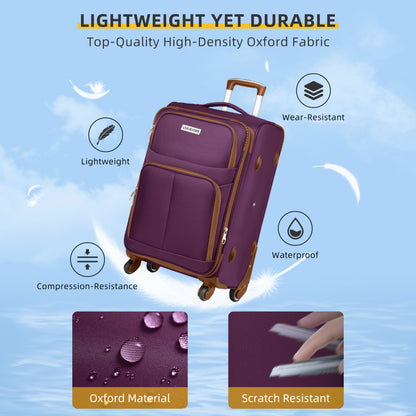 Luggage Sets 5 Piece Softside Expandable Suitcases Set with Spinner Wheels TSA Lock, Purple