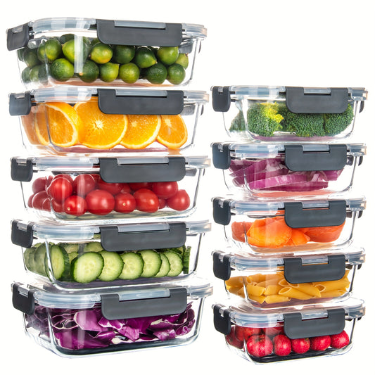 10-Piece Glass Food Storage Container, Sealed Glass Lunch Container, Stackable Glass Food Storage Container Set with Lid for Microwave, Oven, Freezer and Dishwasher