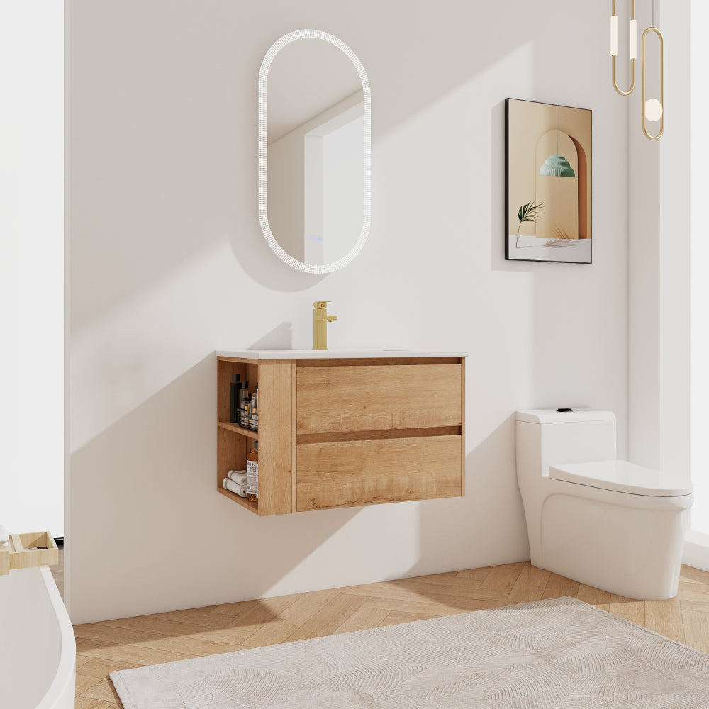 30" Wall Mounting Bathroom Vanity With Ceramic Sink, 2-Soft Close Drawer