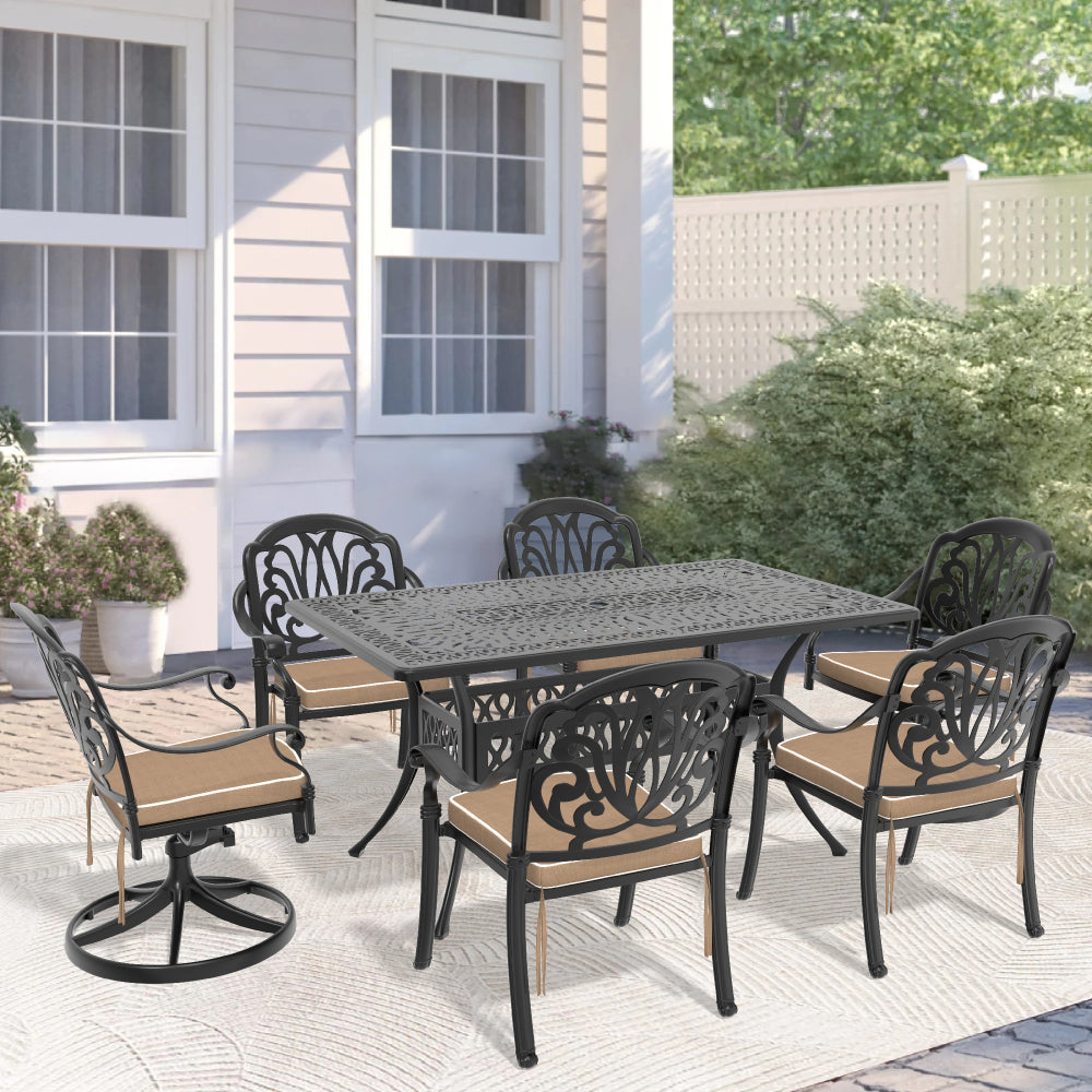 L58.27*W34.65-inch Cast Aluminum Patio Dining Table With Black Frame and Umbrella Hole