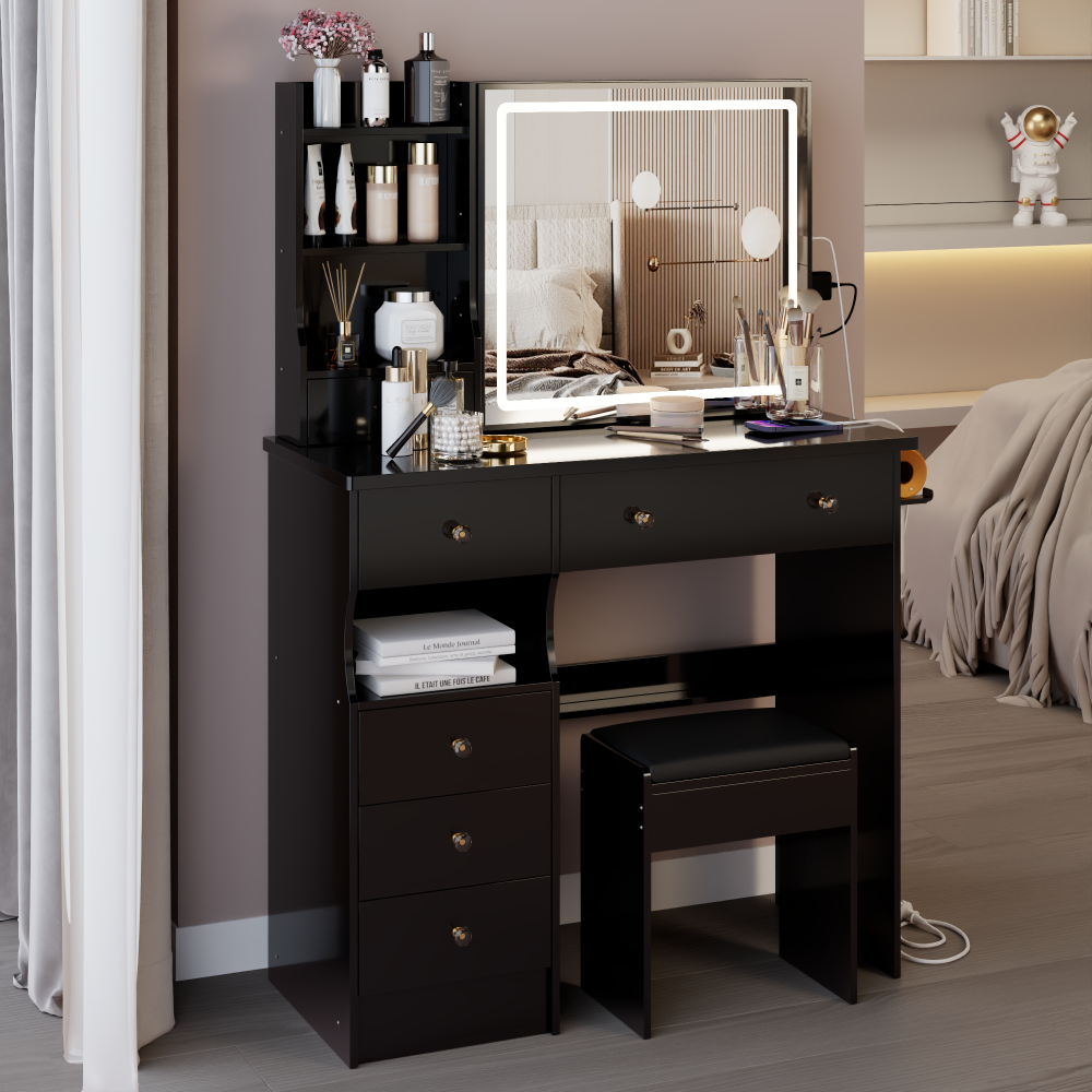 37" Middle Size Left Drawer Desktop Vanity Table + Cushioned Stool Dresser Set, 2 AC+2 USB Socket, Hair Dryer Stand, Large Touch Control LED Sliding Mirror, 3-color Switch, EPA, GCC, UL Certificate