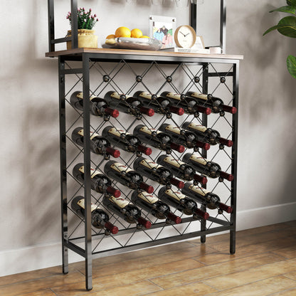 Industrial Wine Rack Bar Table, 3-Tier Liquor Bottle and Glass Holder with Storage Shelves, Metal and Wood Wine Organizer for Home Kitchen, Dining Room, and Living Room