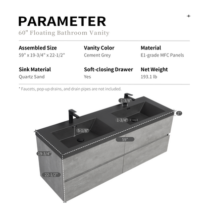 60" Floating Bathroom Vanity with Sink, Modern Wall-Mounted Bathroom Storage Vanity Cabinet with Double Black Quartz Sand Top Basins and Four Soft Close Drawers, EDI-Series Cement Grey 24V12-60GR