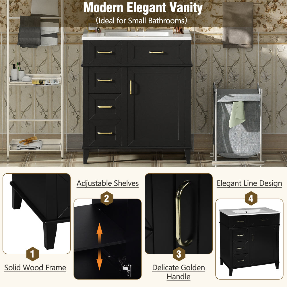 30-Inch Bathroom Vanity with Ceramic Sink, Adjustable Shelf, Soft Close Door, and Three Soft Close Drawers