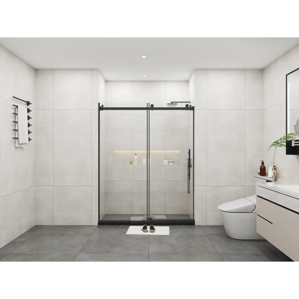 Frameless Sliding Glass Shower Doors 72" Width x 76"Height with 3/8"(10mm) Clear Tempered Glass, Matt Black Finish