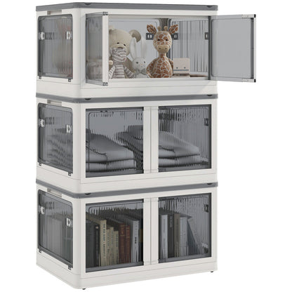 HOMCOM 3 Stackable Storage Bins w/ Lids, Wheels, Collapsible, 18 gal, White