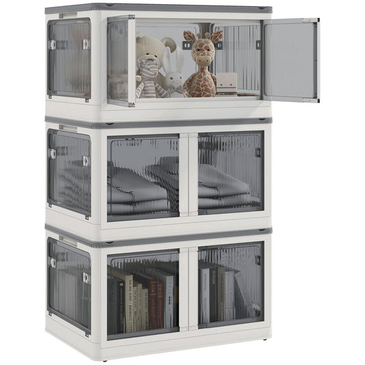 HOMCOM 3 Stackable Storage Bins w/ Lids, Wheels, Collapsible, 18 gal, White