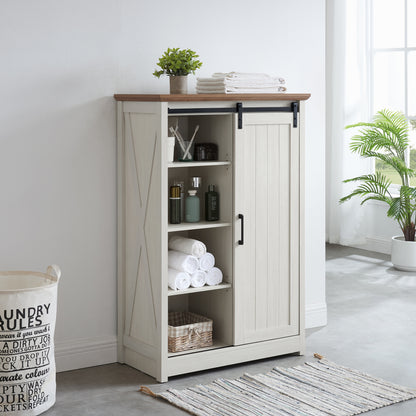 5 Drawers Dresser w/Sliding Barn Door, Farmhouse Modern Tall Dresser 5 Chest of Drawers, Storage Organizer Dresser for Bedroom, Hallway, Living Room, Kids Room WHITE