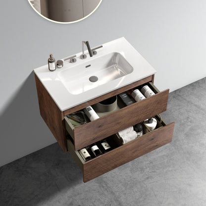 Wall Mount 30" Walnut Bathroom Vanity with Ceramic Sink with three faucet holes, Large Storage Floating Bathroom Vanity for Modern Bathroom, One-Piece Sink Basin without Drain, Pre-assembled