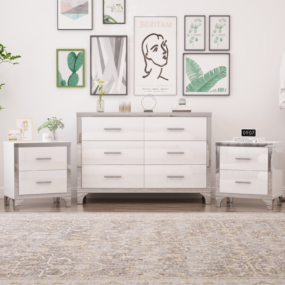 3-Pieces Sets,Dresser and Two Nightstands with Metal Handles and Mirror Decoration, Elegant and Subtle,White