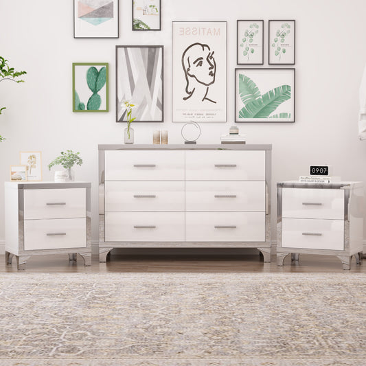 3-Pieces Sets,Dresser and Two Nightstands with Metal Handles and Mirror Decoration, Elegant and Subtle,White