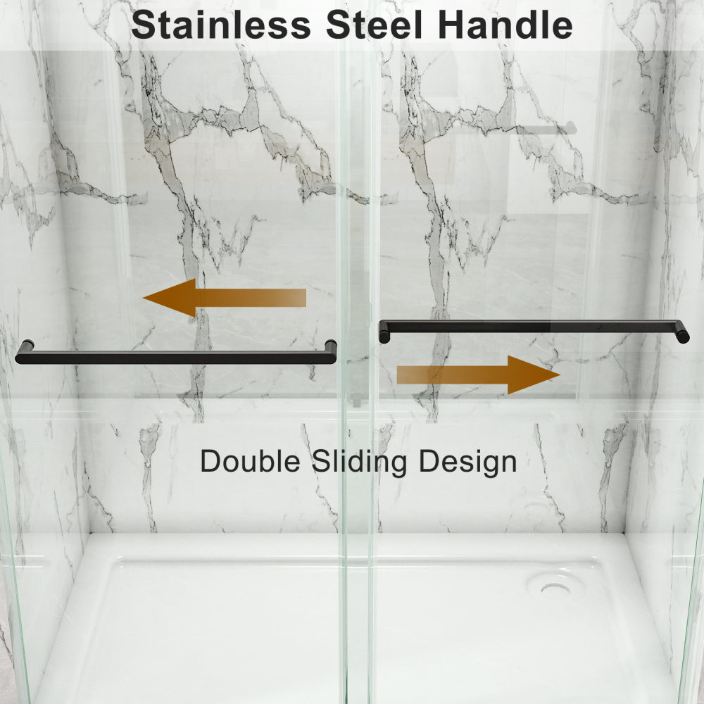 56 to 60'' W x 76'' H Frameless Shower Door, Double Sliding Shower Door with Premium 3/8'' (10mm) Thick Tempered Glass, Stainless Steel, Matte Black