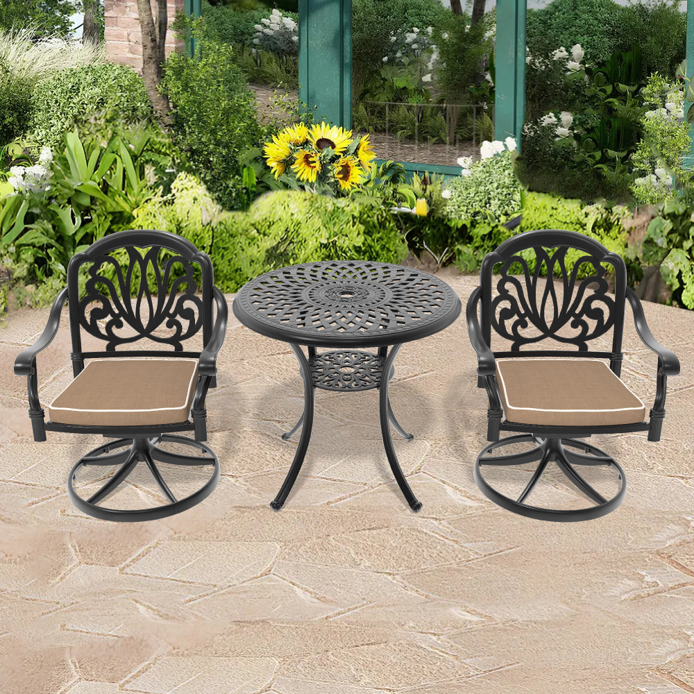 Ø30.71-inch Cast Aluminum Patio Dining Table With Black Frame and Umbrella Hole