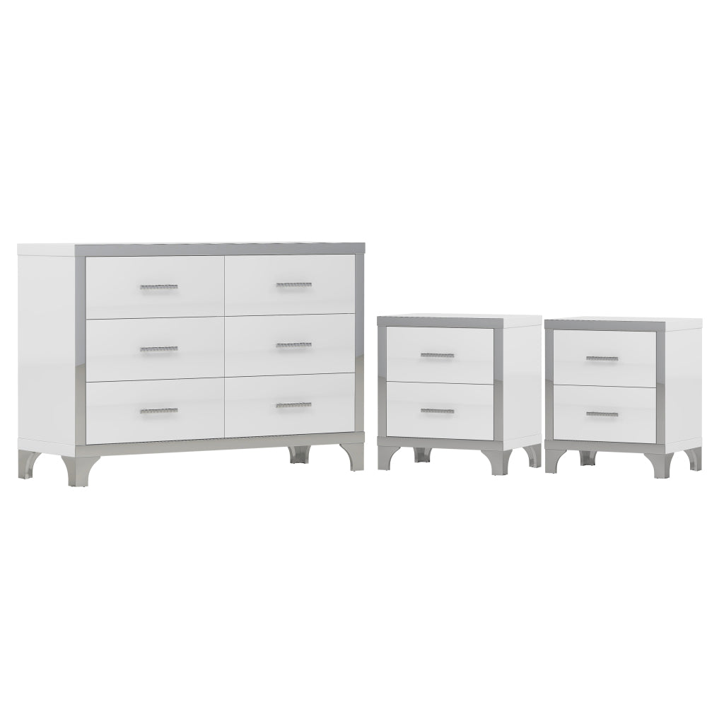 3-Pieces Sets,Dresser and Two Nightstands with Metal Handles and Mirror Decoration, Elegant and Subtle,White