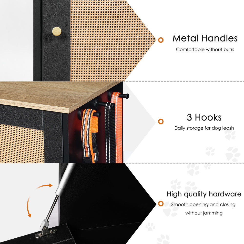 Feeding station with 2 lockers, pet feeding station with 2 elevated dog bowls, side hooks, anti-tipping kit, hidden pet feeding station for feeding and watering, rattan door, black