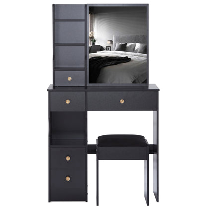 Small Size Left Drawer Desktop Vanity Table + Cushioned Stool, Extra Large Sliding Mirror, Multi Layer, High Capacity Storage Fashionable Dresser, Suitable for Small Space, EPA,GCC,UL Certificate