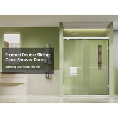 Framed Both Sliding Glass Shower Doors 60" Width x 76"Height with 1/4"(6mm) Clear Tempered Glass, Silver  Finish, Big Rollers, Square Rail, Self-cleaning coating on both sides