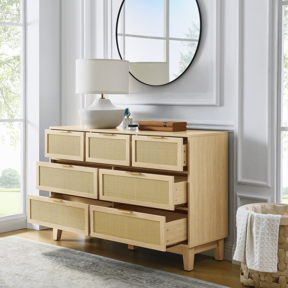 Bedroom 7 drawer dresser, rattan dresser modern wooden chest of drawers with spacious storage space for bedroom hallway living room