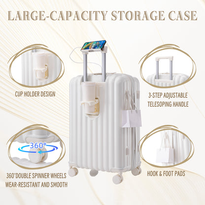 ABS Spinner Wheel Luggage, Carry on Suitcase, with Cup Holder & USB Port & Phone Holder (20/24/28)