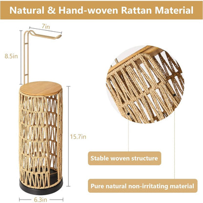 Freestanding Toilet Paper Holder with Storage,3 Rolls of Tissue Holder for Bathroom,Handmade Woven Toilet Paper Roll Holder Stand,Rattan Sturdy Boho Bathroom Decor Farmhouse Toilet Paper Storage