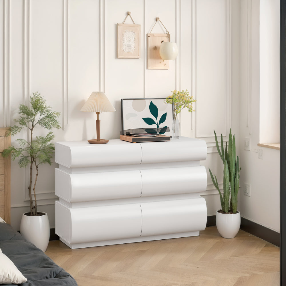 6 Drawer Dresser for Bedroom, White Dresser No Handle, Modern 6 Chest of Drawers with Wide Storage