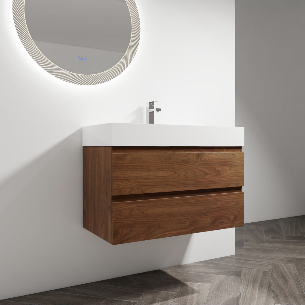 36" Wall-Mounted Bathroom Vanity With Resin Sink, 2-Soft Close Drawers, KD-Package