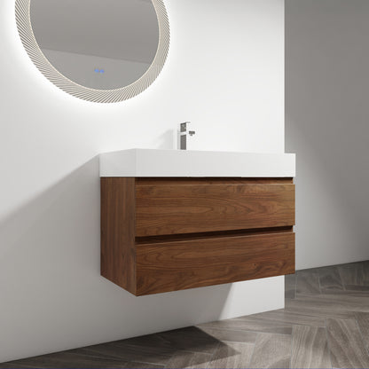 36" Wall-Mounted Bathroom Vanity With Resin Sink, 2-Soft Close Drawers, KD-Package