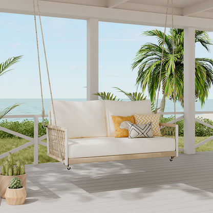 TREXM 1-Piece Woven Rope Outdoor Swing Sofa with Soft Cushions Seating 2 for Patio, Courtyard and Balcony (Light Grey)