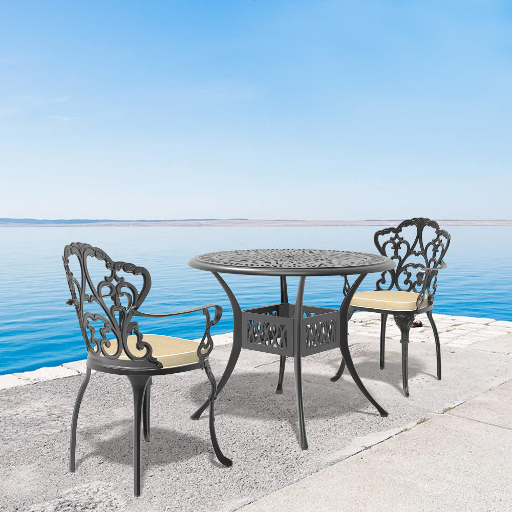 Ø35.43-inch Cast Aluminum Patio Dining Table With Black Frame and Umbrella Hole