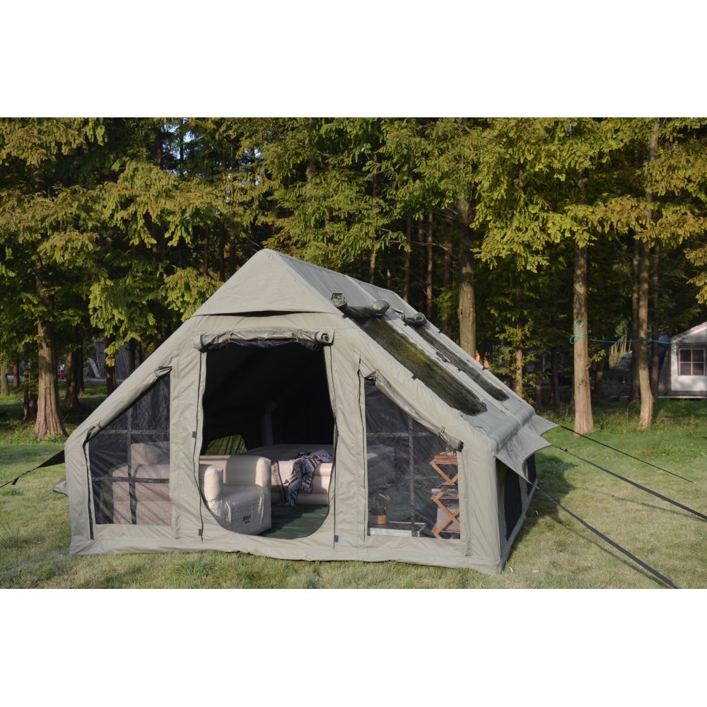 9.8 x13ft  Inflatable Camping Tents with Hand Pump, Air Glamping Tents, Easy Setup Waterproof and Windproof Blow up Tent, 4 Seasons Oxford Cabin Tent with Mesh & Chimney Window. Army green
