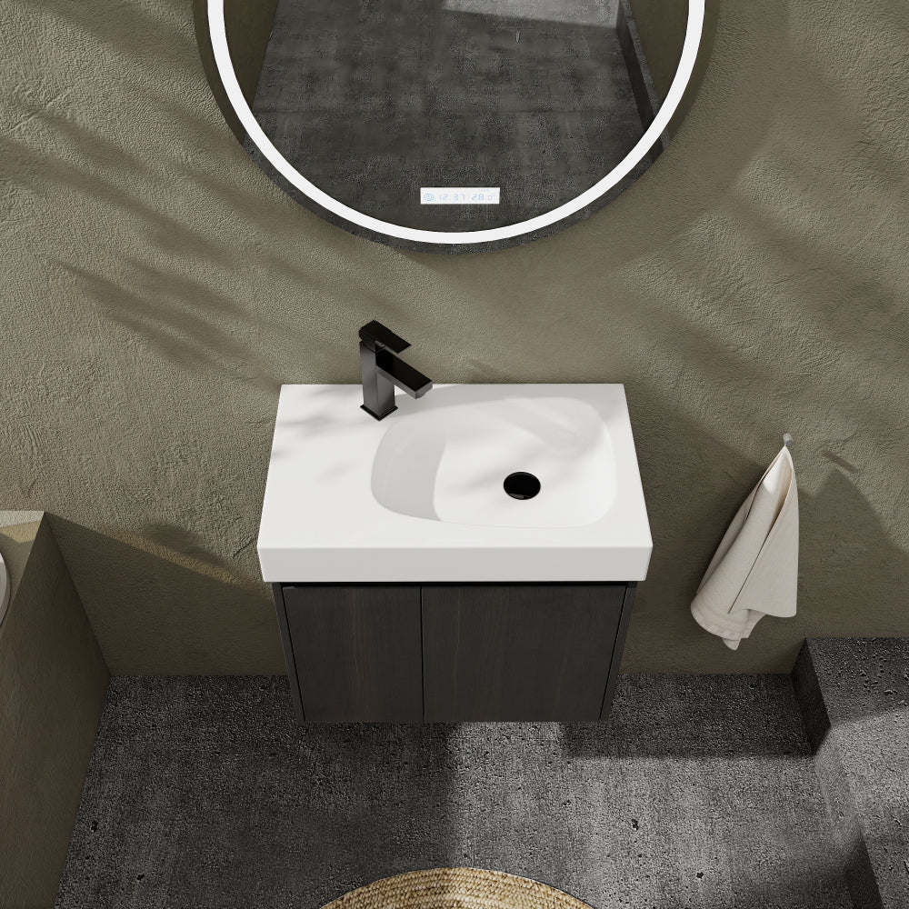 24 Inch Bathroom Vanity with Ceramic Basin, Wall Mounted Floating Vanity Sink Combo, Wooden Storage Cabinet with Double Doors for Bathroom,Oak