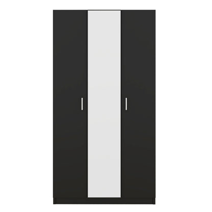 3 Door Wardrobe with Mirror, Armoire with Hanging Rod and 3 Fixed Shelves,Black