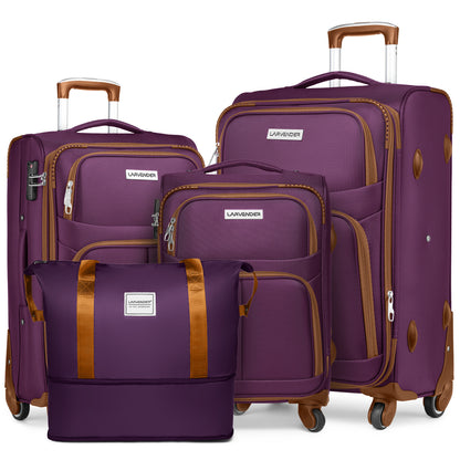 Luggage Sets 5 Piece Softside Expandable Suitcases Set with Spinner Wheels TSA Lock, Purple