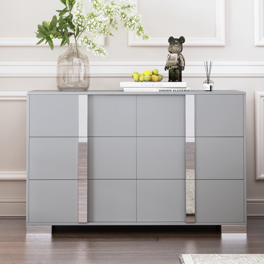 Elegant Modern Dresser with Metal Handle,Mirrored Storage Cabinet with 6 Drawers for Bedroom,Living Room,Grey