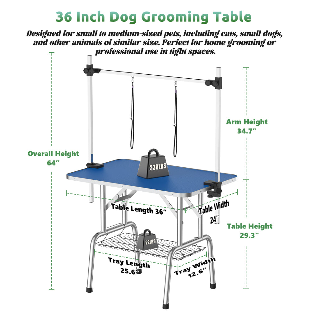 36 Inch Foldable Dog Grooming Table for Home with Adjustable Arm, Noose, Non-Slip Surface, and Storage Mesh Tray