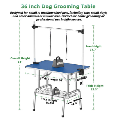 36 Inch Foldable Dog Grooming Table for Home with Adjustable Arm, Noose, Non-Slip Surface, and Storage Mesh Tray