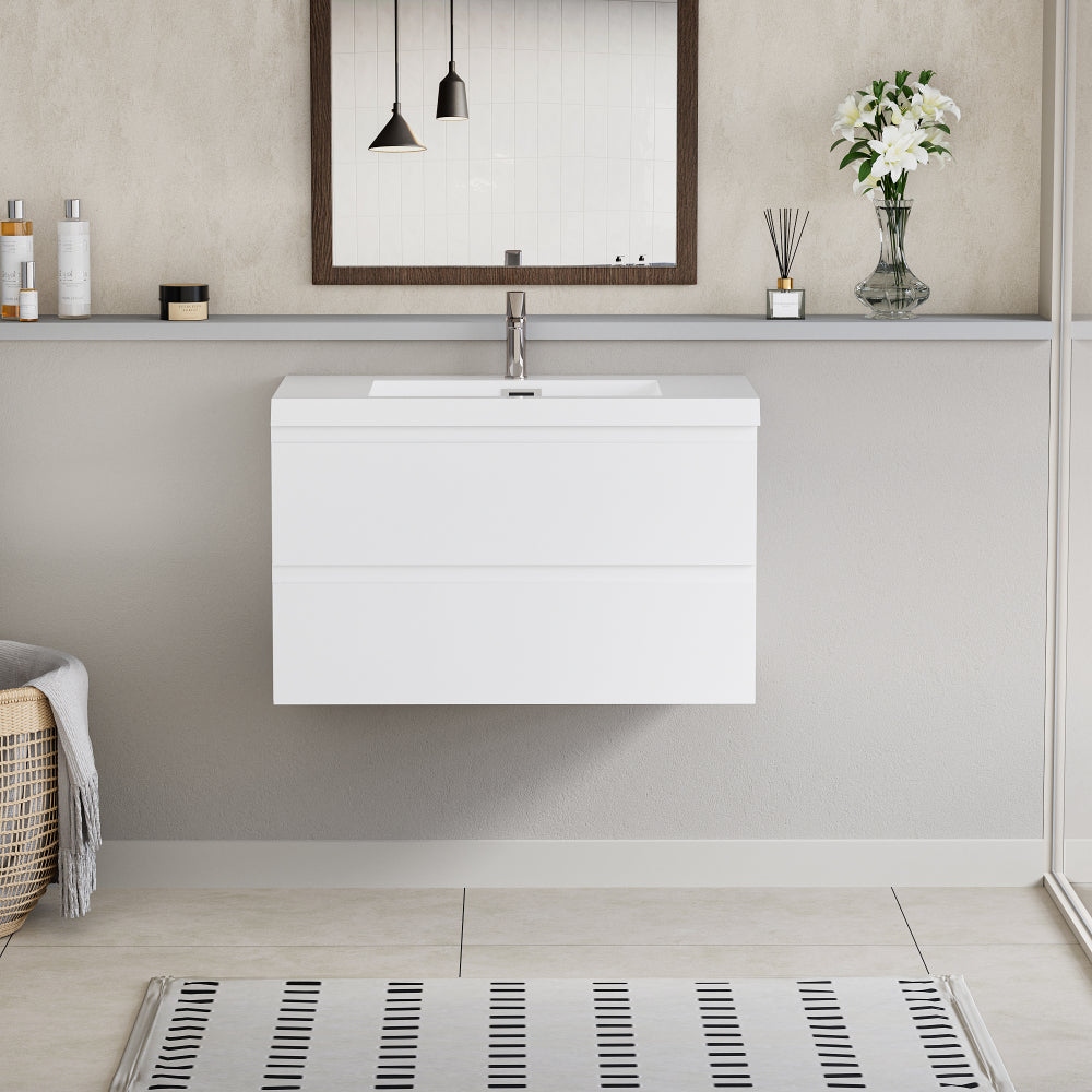 36" Floating Bathroom Vanity with Sink, Modern Wall-Mounted Bathroom Storage Vanity Cabinet with Resin Top Basin and Soft Close Drawers, Glossy White 24V11-36GW