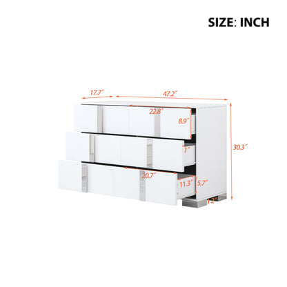 Elegant Modern Dresser with Metal Handle,Mirrored Storage Cabinet with 6 Drawers for Bedroom,Living Room,White