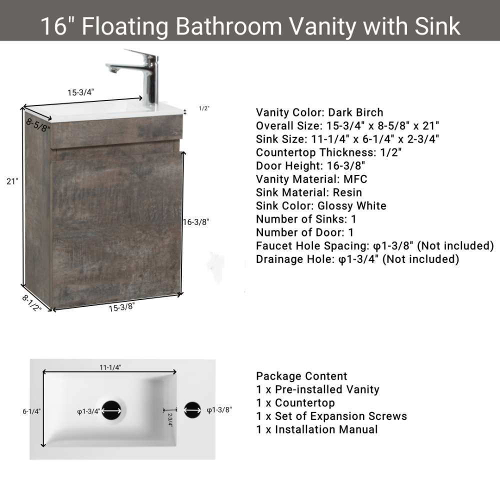 16" Floating Bathroom Vanity with Sink, Wall-Mounted Small Bathroom Storage Vanity Cabinet with Resin Top Basin and Soft Close Doors, Dark Birch 24V11-16DB