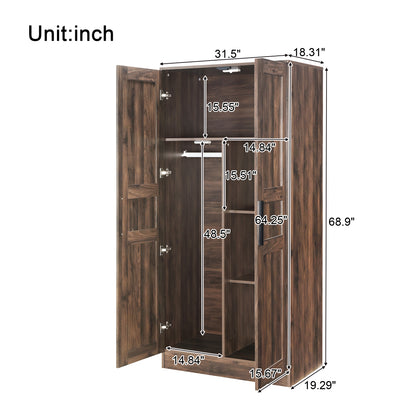 2-Door Wooden Wardrobe Armoire with LED and 4 Storage Shelves, Brown