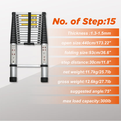 Telescoping Ladder 14.5FT, Telescopic Extension Ladder, Aluminum Alloy Folding Ladder Portable Multi-Purpose for Indoor Outdoor Work, Heavy Duty 300 lbs Load