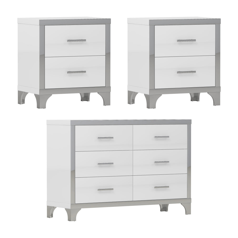 3-Pieces Sets,Dresser and Two Nightstands with Metal Handles and Mirror Decoration, Elegant and Subtle,White