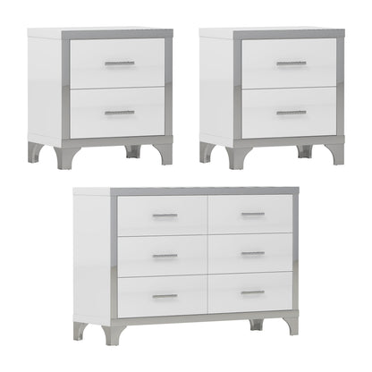 3-Pieces Sets,Dresser and Two Nightstands with Metal Handles and Mirror Decoration, Elegant and Subtle,White