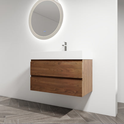 36" Wall-Mounted Bathroom Vanity With Resin Sink, 2-Soft Close Drawers, KD-Package