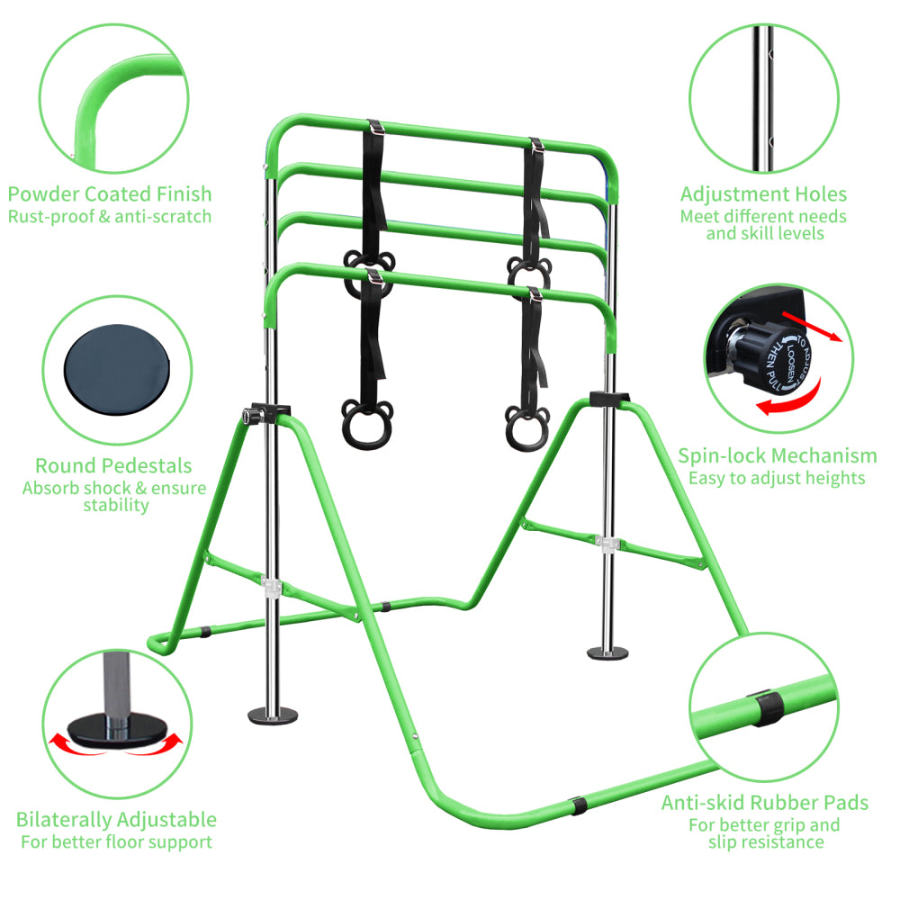 Green Multi-Functional Adjustable Height Children's Horizontal Gymnastic Bar With Bear Rings