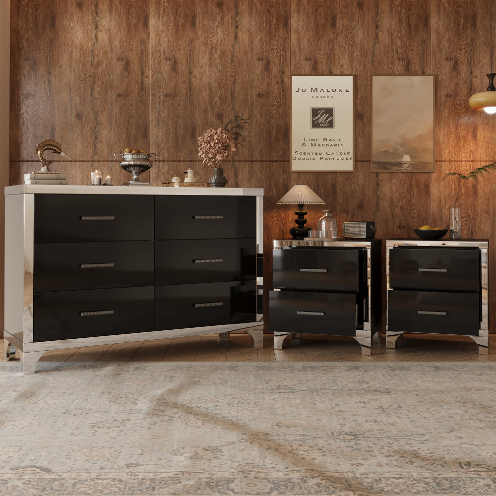 3-Pieces Sets,Dresser and Two Nightstands with Metal Handles and Mirror Decoration, Elegant and Subtle, Black