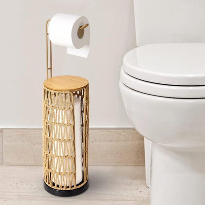 Freestanding Toilet Paper Holder with Storage,3 Rolls of Tissue Holder for Bathroom,Handmade Woven Toilet Paper Roll Holder Stand,Rattan Sturdy Boho Bathroom Decor Farmhouse Toilet Paper Storage